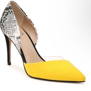 Very Elegant Mix No. 6 Yellow Pointed D'Orsay Pump with Silver Snake-Print Heel